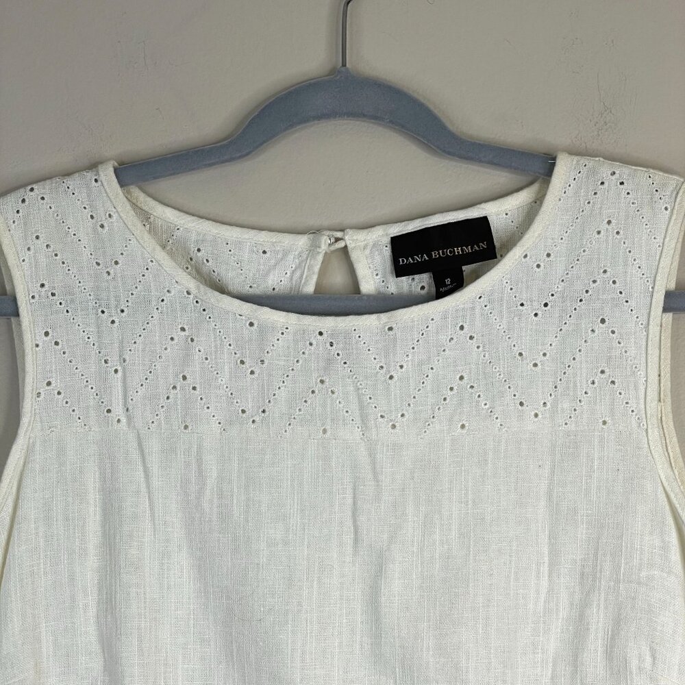 Dana Buchman Coastal Shift Dress Women 12 Eyelet Detail Linen Blend Crisp Preppy - Picture 5 of 11
